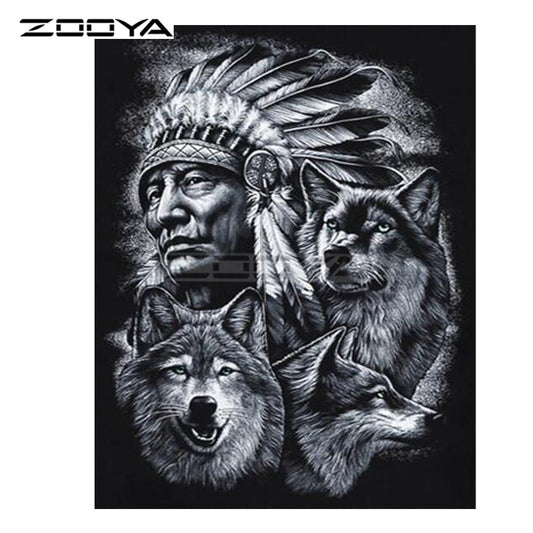5D DIY Diamond Embroidery Indian Feathers & Black Wolves Diamond Painting Cross Stitch Drill Mosaic Decoration
