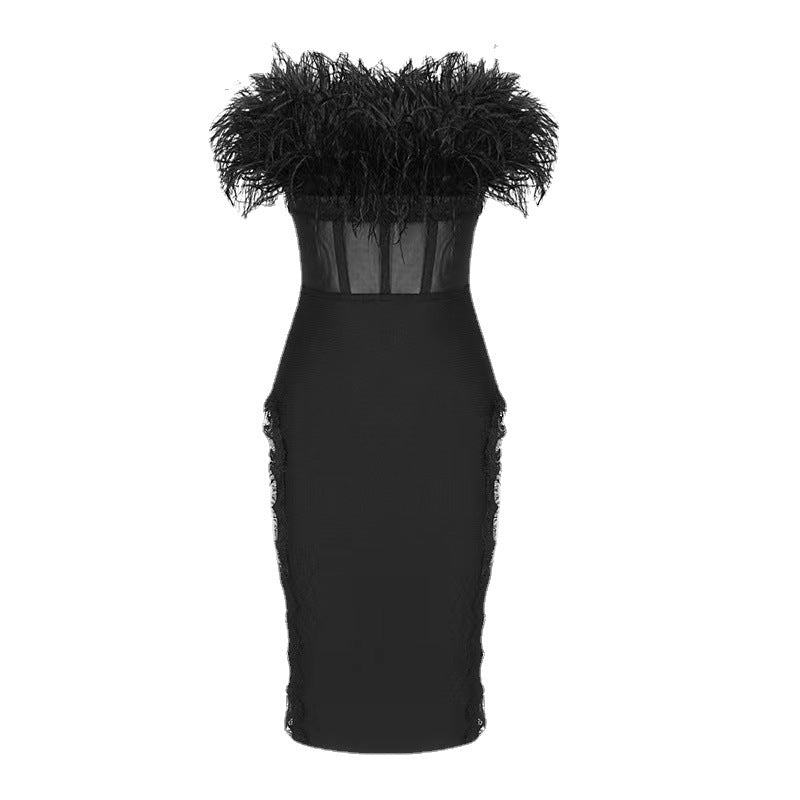 American Fashion Sexy Tube Top Ostrich Feather Mesh Lace Bandage One-piece Dress