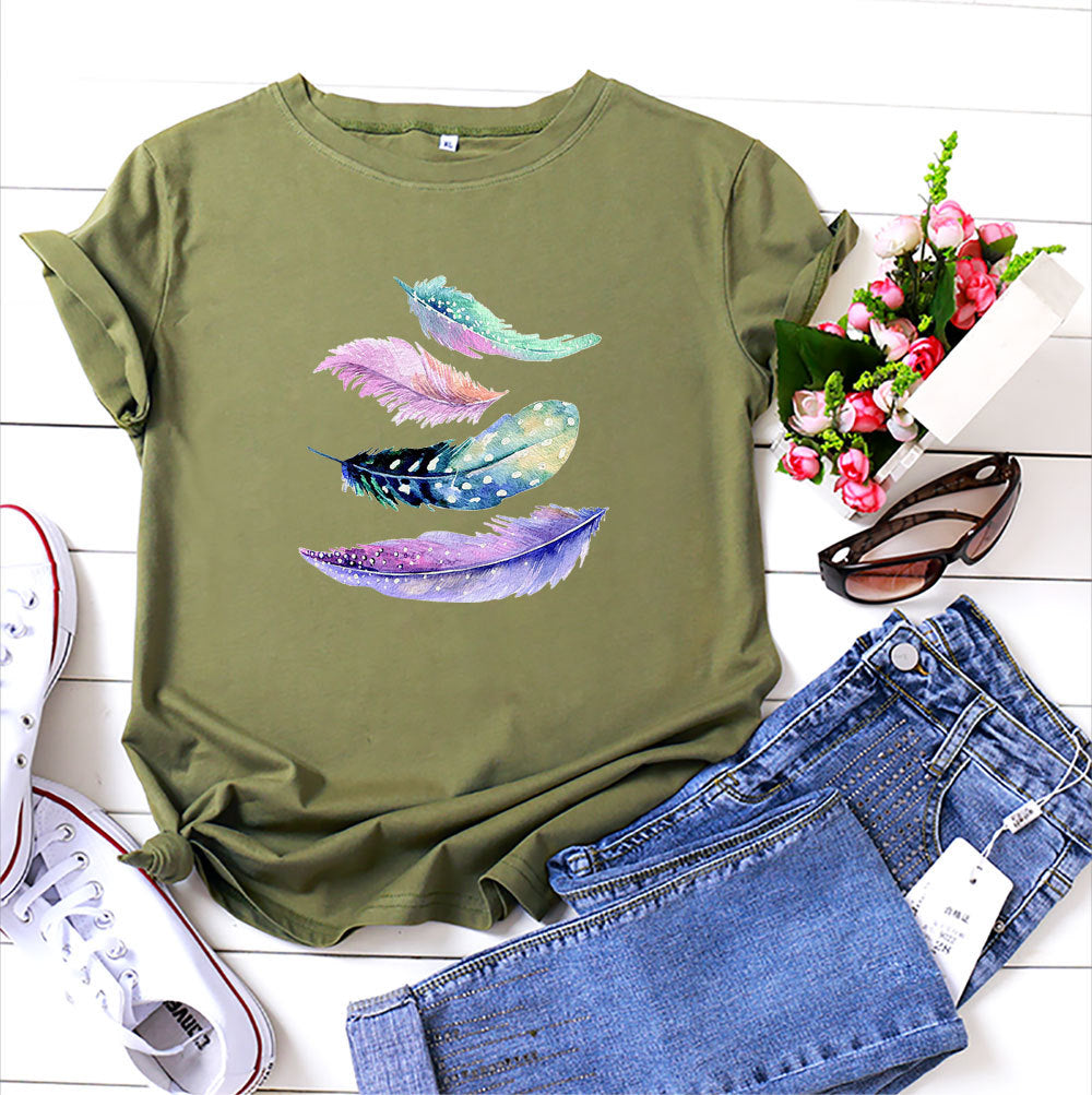 American Color Feather Printed Cotton Short-sleeved T-shirt