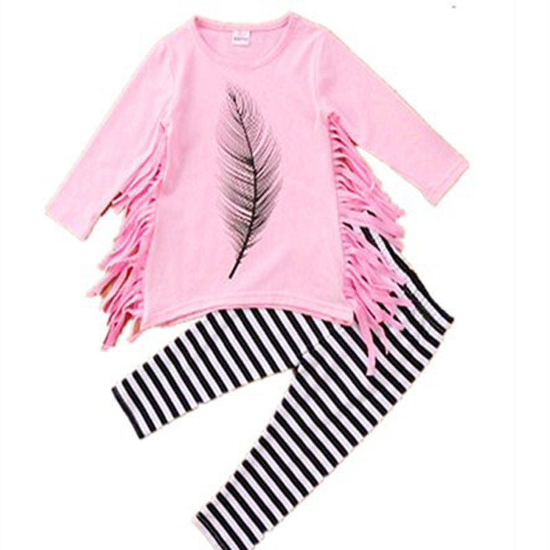 American Girls Round Neck Printed Feather Sleeve Striped Pants Two-piece Suit