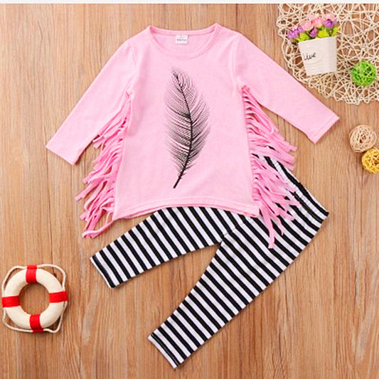 American Girls Round Neck Printed Feather Sleeve Striped Pants Two-piece Suit