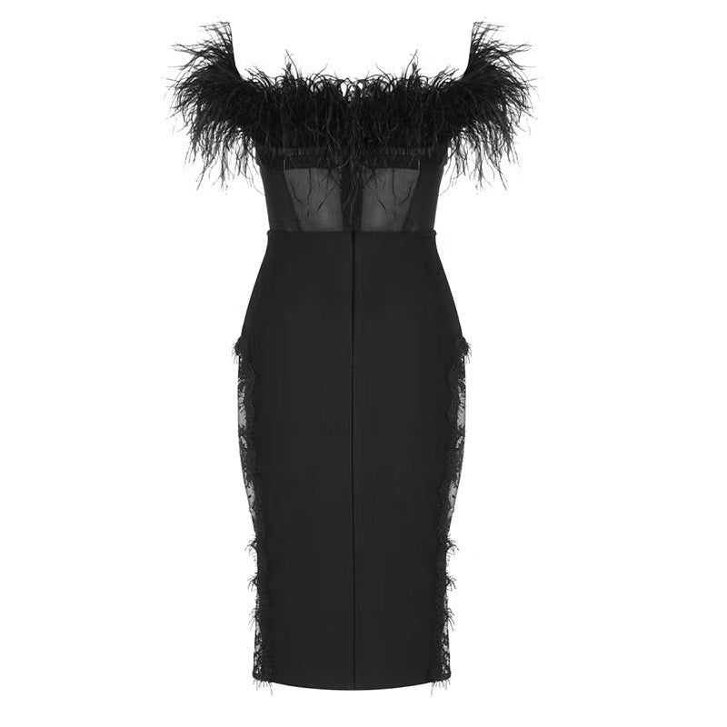 American Fashion Sexy Tube Top Ostrich Feather Mesh Lace Bandage One-piece Dress